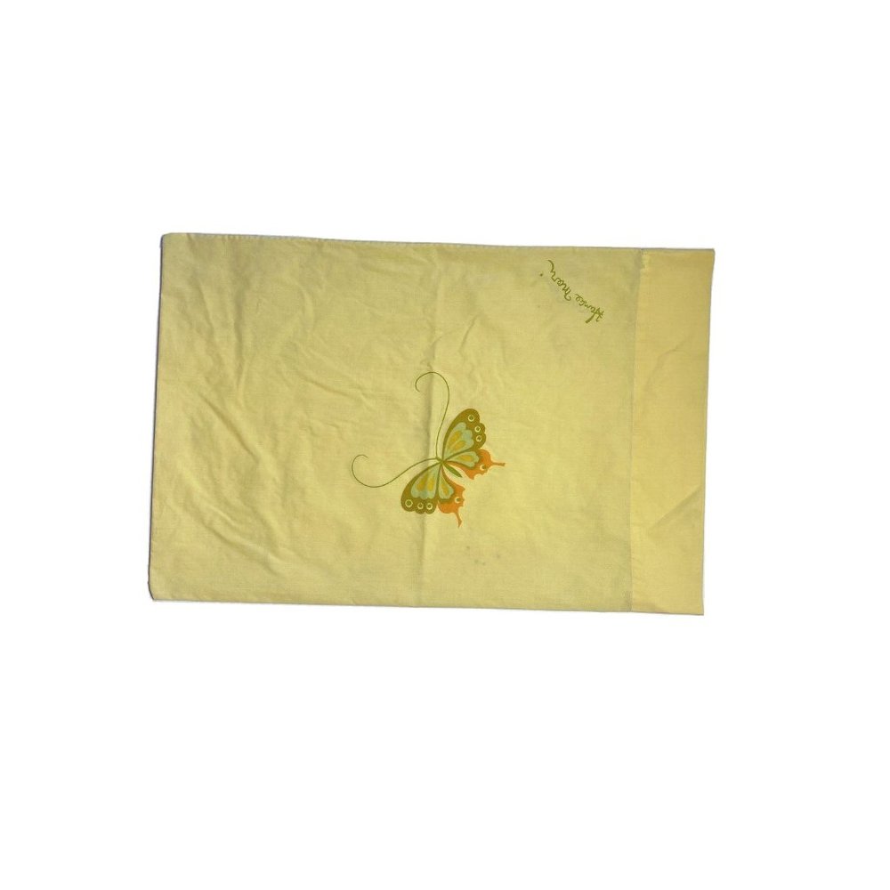 Vintage Martex & Hanae Mori Pillowcase 1970s Yellow Butterfly Signed King Sham